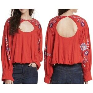 NWT Free People Lita Embroidered Floral Cutout Top Shirt Blouse Red Small $128